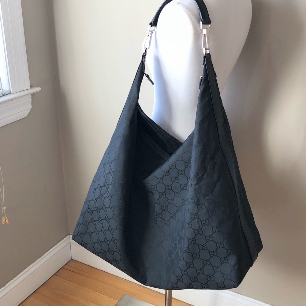 Rare Gucci Black GG Nylon & leather Extra Large Hobo Carry All weekend bag - Picture 5 of 13